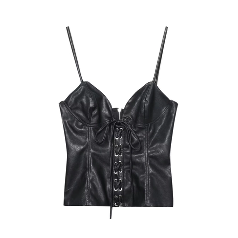 Damen Sexy PU Leder Schnürung Corset Top Slim Fit Spaghetti Träger Kunstleder Tank Top Gothic Punk Stil