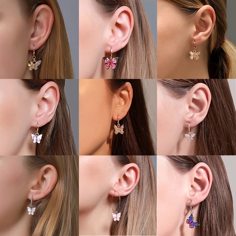Fashion Butterfly Hoop Earrings Gold Silver Plated Alloy Rhinestone Enamel Dangle Earrings For Women Jewelry Gift