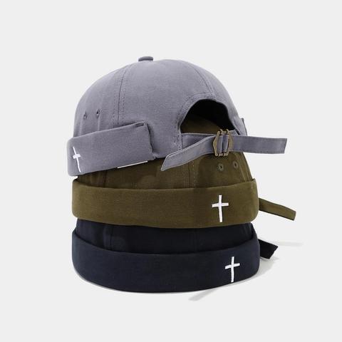 Berretto Docker Vintage Cappello Senza Tesa Cotone Miki Con Ricamo Croce Fibbia In Metallo Regolabile
