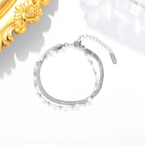 Minimalistisch Doppellagig Edelstahl Armband Für Damen Elegant Künstliche Perle Beaded Schlangenkette Verstellbar Schmuck