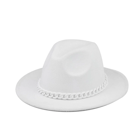 Fedora Hat Wool Felt Wide Brim White Chain Decoration Vintage Fashion Unisex Jazz Cap Elegant Stylish