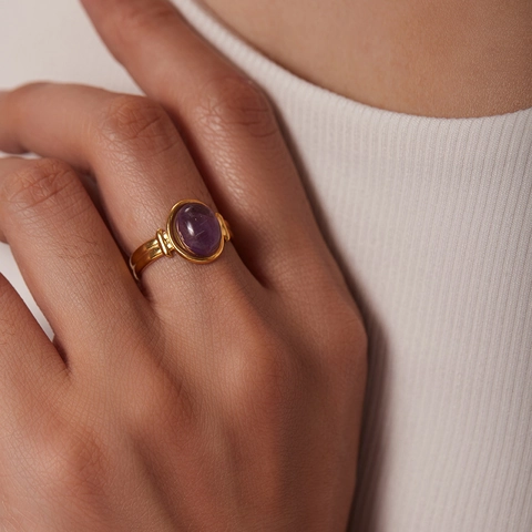 Anello In Pietra Naturale Ovale Placcato Oro 18K Acciaio Inossidabile Aperto Regolabile Gioielli Retro Donna