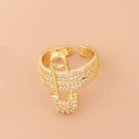 Modischer Sicherheitsnadel Ring Verstellbar Kupfer Echtvergoldet Zirkonia Mikro-Pave Schmuck Für Damen