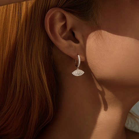 Evil Eye Drop Hoop Earrings 925 Sterling Silver Shiny Clear Zircon Pave Elegant Jewelry For Women