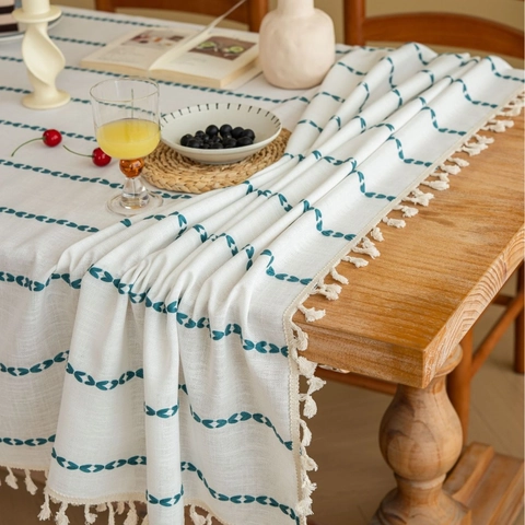 Vintage American Style Tablecloth Rectangular Polyester Cotton Embroidered Stripes With Tassels Farmhouse Decor Dustproof