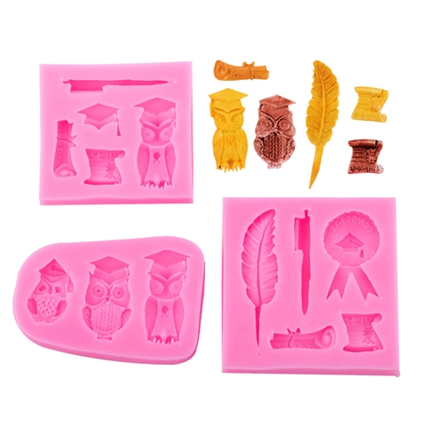 Graduation Theme Silicone Mold Bachelor Cap Diploma Medal Owl For Fondant Chocolate Cake Decoration DIY Baking Tools