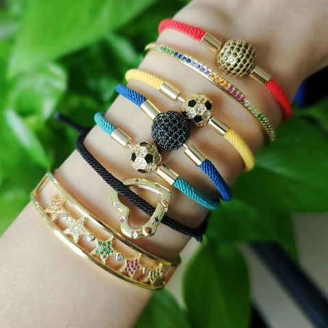 Adjustable Woven Rope Bracelet Copper Micro Pave Zircon Soccer Ball Charm Fashion Jewelry Unisex