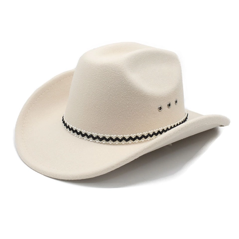 Western Cowboy Hat Cotton Polyester Blend Woolen Felt Fedora With Breathable Metal Eyelets And Woven Band Wide Curved Brim Retro