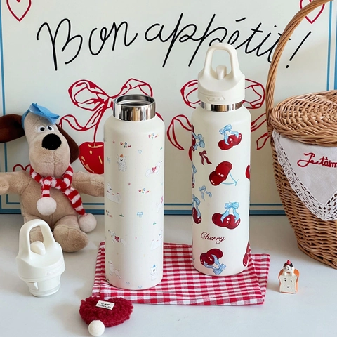 Μπουκάλι Νερού Από Ανοξείδωτο Χάλυβα Θερμός Με Λαβή Χαριτωμένα Σχέδια Κινουμένων Σχεδίων Κεράσι Σκύλος Φορητό Ποτήρι
