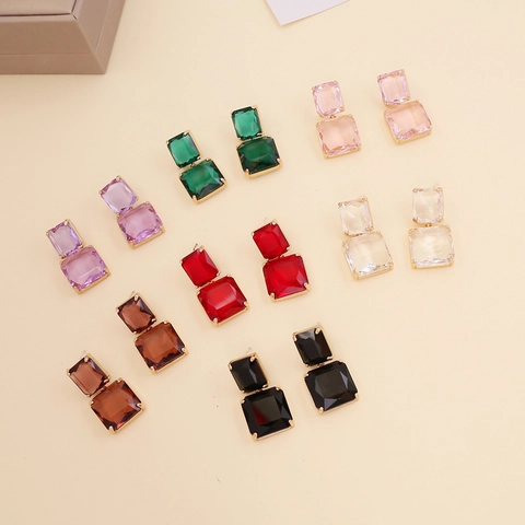 Geometric Double Square Crystal Earrings Glass Copper Stacked Macaron Color Vintage Fashion Jewelry For Women Elegant