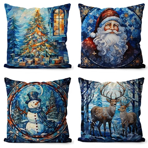Fundas De Cojines De Navidad Franela De Poliéster Estilo Vidriera Muñeco De Nieve Papá Noel Reno Decoración Navideña