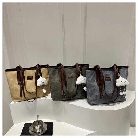 Bolso Tote Vintage de Gran Capacidad para Mujer Moda Cuero PU Lona Color en Contraste Bolso de Hombro Diario Oficina