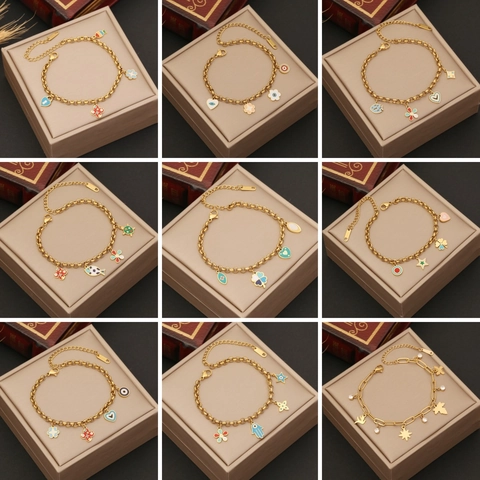 Bracciale Con Ciondoli In Smalto Acciaio Inossidabile Placcato Oro Cuore Stella Malocchio Pendente Gioielli Regolabili