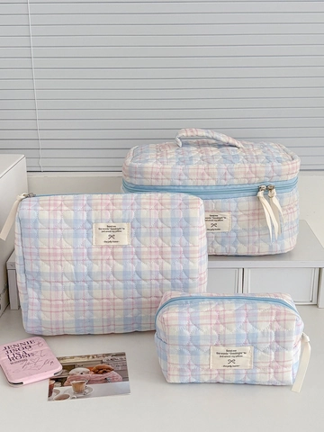 Borsa Da Toilette E Astuccio Trapuntata Cotone Motivo Cuore Scacchi Grande Capacità Portatile Viaggio Organizzatore Trucco Stile Dolce