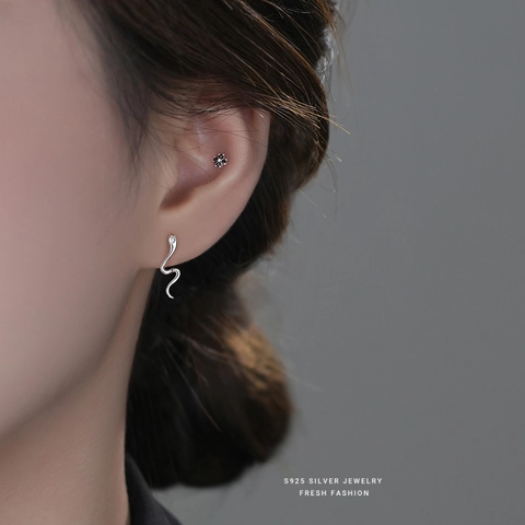 S925 Sterling Silver Snake Stud Earrings For Women With Zirconia Inlaid Minimalist Animal Shaped Fashion Commute Jewelry