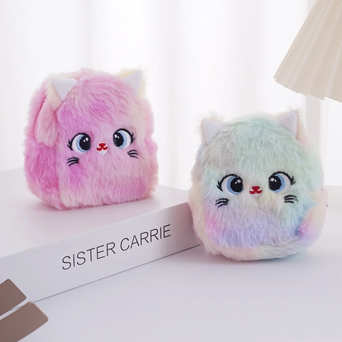 Plush Cat Coin Purse Mini Small Wallet Gradient Rainbow Fluffy Zip Pouch With Keychain Kawaii Cartoon Kids Bag