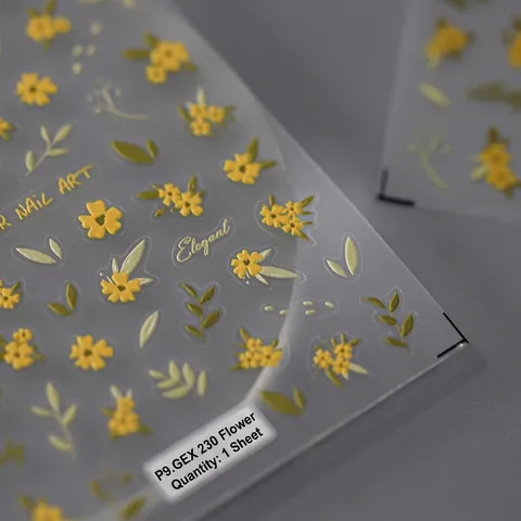 Autocollants Art Des Ongles Relief PET Auto-adhésif Motif Floral Petites Fleurs Jaunes Feuilles Vertes Relief 5D Élégant