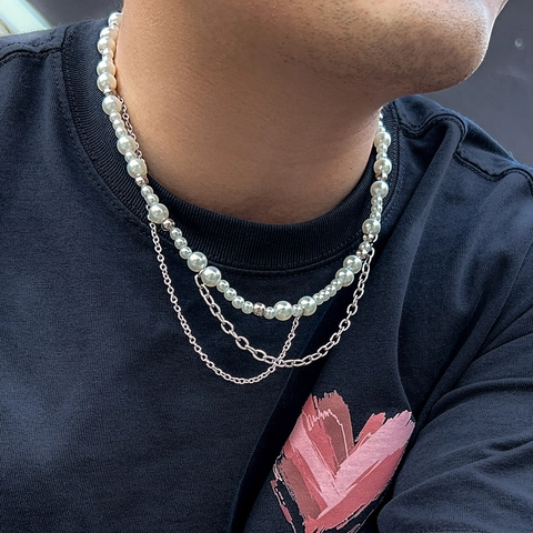 Multi-Layer Artificial Pearl Necklace For Men With Silver Iron Chain And CCB Beads Hip Hop Tassel Style Fashion Jewelry