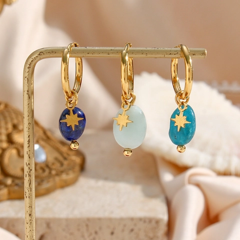 Natuursteen Achtpuntige Ster Hanger Hoop Oorbellen Roestvrij Staal Verguld Boheems Vintage Sieraden Voor Vrouwen