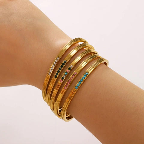 Bracelet Jonc En Acier Inoxydable Plaqué Or 18K Strass Zircon Coloré Étanche Hypoallergénique Bijoux De Luxe Femmes