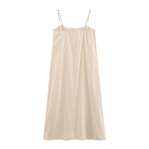 Abito Lungo Spalline Perline Di Legno Ricamo Palme Senza Maniche Raso Vacanza Bohemien Estate Per Donna