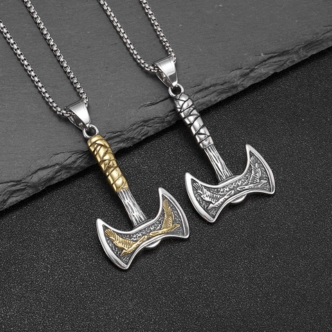 Viking Dubbele Bijl Hanger Halsketting Heren Titanium Staal Tweekleurig Goud Antiek Zilver Noordse Mythologie Biker Sieraden