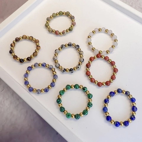 Natural Stone Beaded Ring With Stainless Steel Beads Elastic Handmade Minimalist Boho Stackable Jewelry For Women
