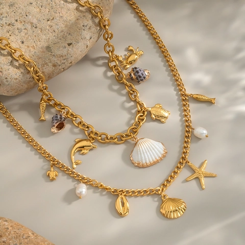 Stainless Steel Necklace Natural Artificial Pearl Ocean Theme Dolphin Starfish Shell Charms Summer Beach Jewelry 18K Gold Plated