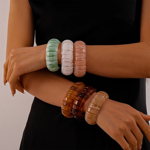 Chunky Bangle Bracelet Acrylic Resin Marble Texture Tortoiseshell Vintage Geometric Elastic Jewelry For Women