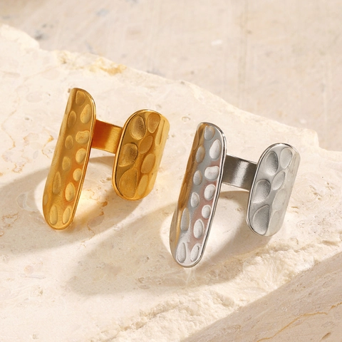 Damen 18K Vergoldeter Edelstahl Ring Hammerschlag Textur Geometrisch Verstellbar Offener Finger Schmuck Minimalistisch Hip Hop