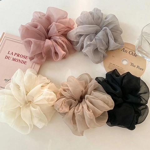 Oversized Organza Mesh Scrunchie Hair Tie Ruffled Solid Color Elastic Elegant Hair Accessories For Women Girls