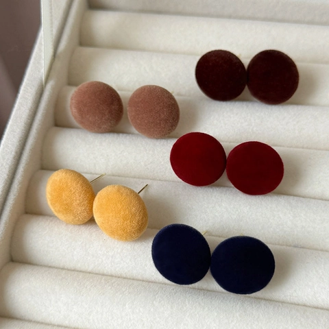 Retro Round Flocked Stud Earrings With Silver Earring Post Minimalist Autumn Winter Vintage Style For Women