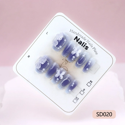 Unghie Finte Fatte A Mano Resina Sfumato Viola Con Farfalla 3D Rosa Perla Artificial Ballerina Lungo Elegante Romantico Francese