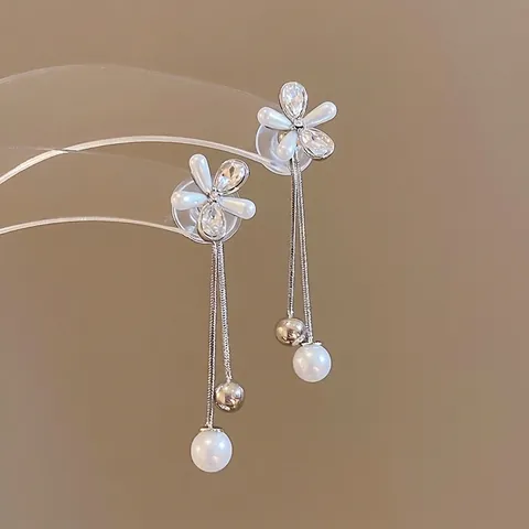 Orecchini A Fiore Con Nappe E Perno In Argento Sterling 925 Rame Strass Künstliche Perle Imitate Gioielli Eleganti Da Donna