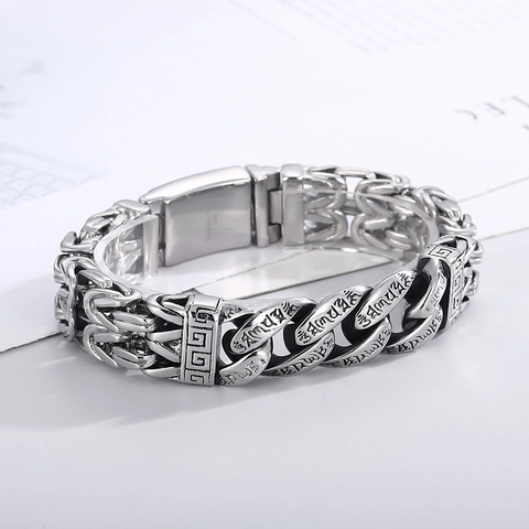 Vintage 316L Stainless Steel Men Chain Bracelet Buddhist Mantra Engraved Retro Silver Color Punk Religious Style