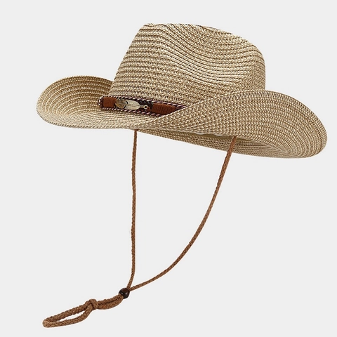 Western Cowboy Straw Hat Wide Brim Sun Protection Beach Vacation Retro Feather Decor Adjustable Rope Women