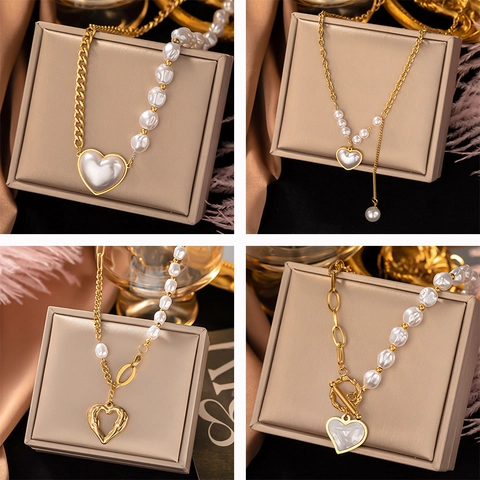 Roestvrijstalen Hart Hanger Ketting Asymmetrische Kunstparelketting Met Schelp Inlay Vintage Hip Hop Sieraden Voor Dames