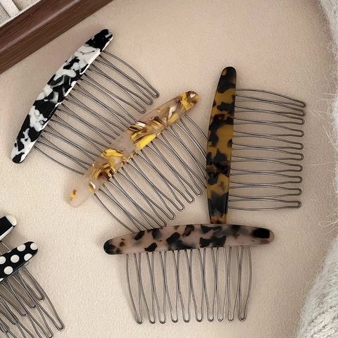 Acetate Hair Side Comb With Metal Teeth Retro Tortoiseshell Checkerboard Pattern Hair Clip For Women Stylish Headpiece
