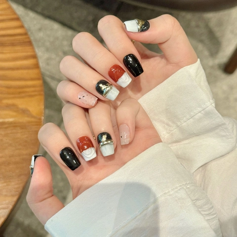 Handmade Press On Nails Smudge Gold Foil Dark Style Short Square Round Resin Artificial False Nails Women