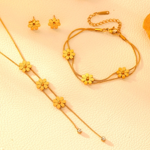 Blumenschmuck Halskette Armband Und Ohrringe 18K Vergoldet Edelstahl Gänseblümchen Strass Mode Für Frauen Elegant