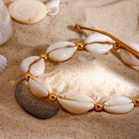 Böhmisches Muschel Fußkettchen Edelstahl Perlen Gewebtes Wachsseil Verstellbar Strand Sommer Urlaub Schmuck Damen
