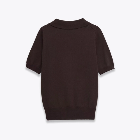 Polo De Punto Para Mujer Manga Corta Elegante Retro Marrón Café Con Botones De Perlas Artificiales De Flores Doradas