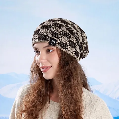 Checkered Knit Beanie Winter Hat Men Women Acrylic Fleece Lined Warm Outdoor Windproof Ear Protection Pullover Cap
