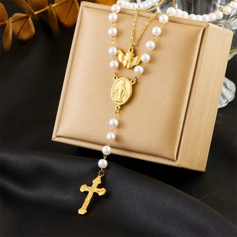 Stainless Steel Double Layer Necklace Gold Plated Virgin Mary Medal Cross Angel Wing Faux Artificial Pearl Vintage Religious Jewelry