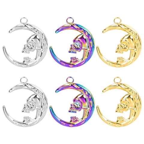 Collar con Colgante de Luna y Calavera de Acero Inoxidable Gótico para Mujeres Hombres Oro Plata Color Arcoíris Joyería Punk