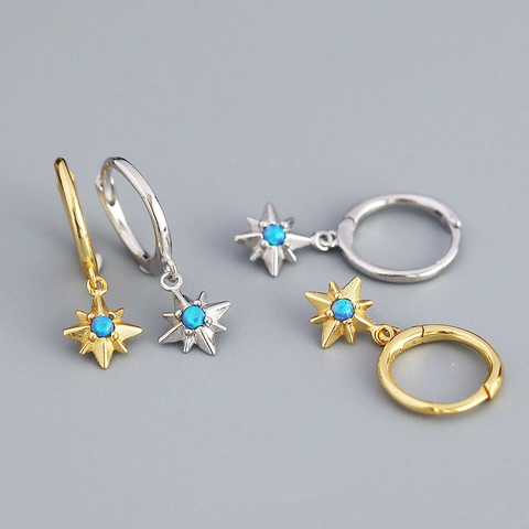 925 Sterling Zilveren Huggie Hoop Oorbellen Met Octagram Ster Hanger Blauwe Opaal Inleg Geometrische Elegante Sieraden