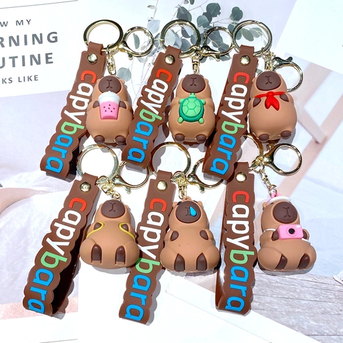 Cute Capybara Keychain Cartoon 3D PVC Silicone Animal Pendant Bag Charm Wrist Strap Zinc Alloy Metal Ring Accessory