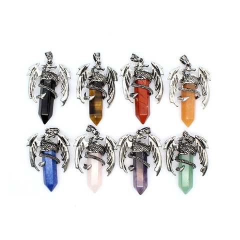 Retro Men Alloy Flying Dragon Wrap Hexagonal Column Natural Stone Pendant Only Without Chain Gothic Fantasy Jewelry Accessory