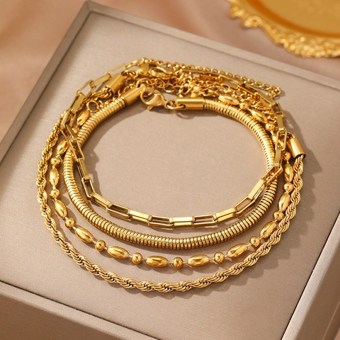 Stainless Steel Bracelets Layered Snake Paperclip Bead Twisted Rope Chain Adjustable Retro Jewelry For Women