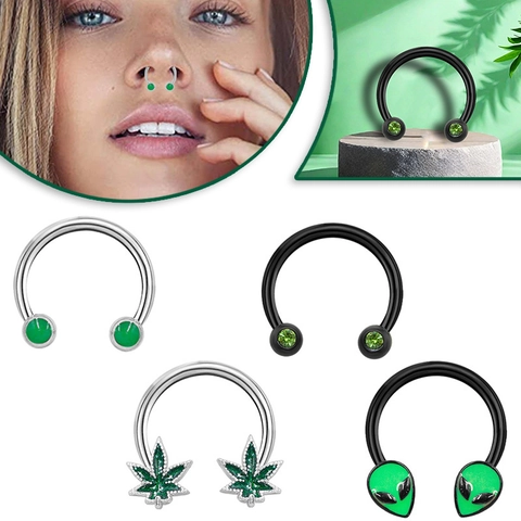 Aro de Nariz de Herradura de Acero Inoxidable de Moda para Mujer Hombre Extraterrestre Hoja de Arce Diamantes de Imitación Verdes Joyería de Piercing
